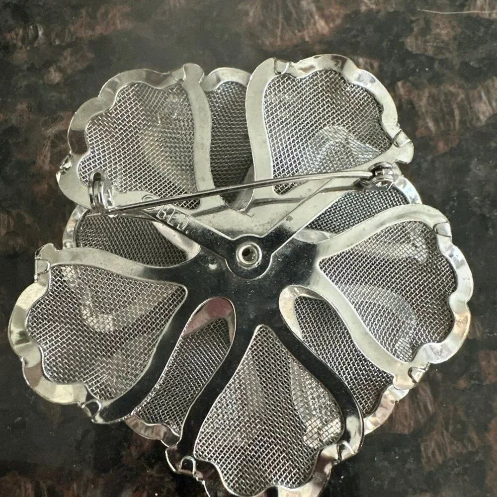 Vintage Signed BED Metal Mesh Flower Brooch & Earrings Set Silvertone AB Stones